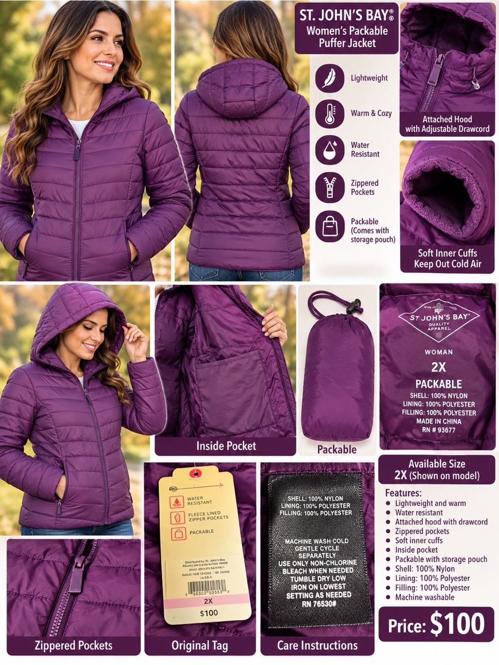 St. John's Bay Women's Packable Puffer Jacket - Purple